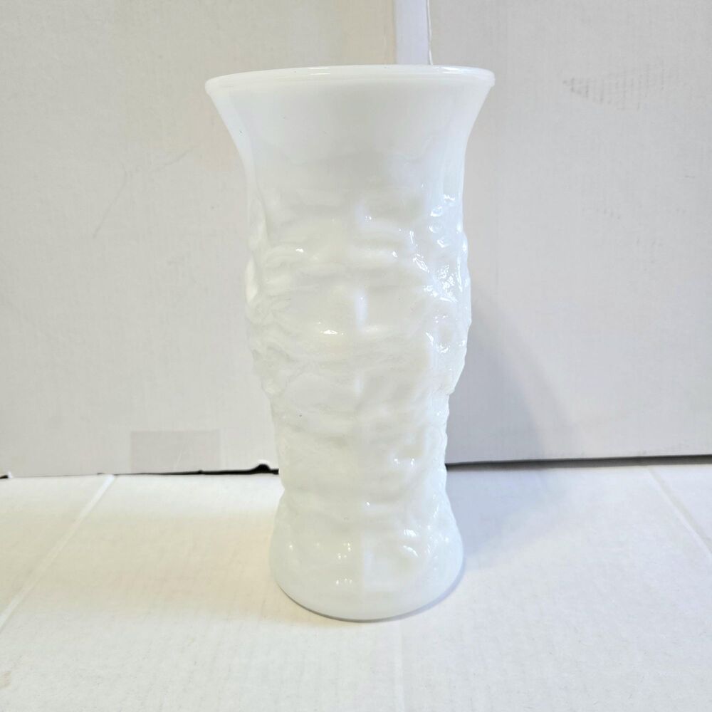 Vintage EO Brody White Milk Glass Crinkle Bark Vase Cleveland OH 9.5"